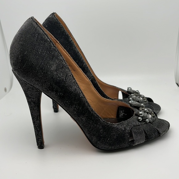 Badgley Mischa Monique Metallic Black Jeweled Peep Toe Heels Shoes Size 7.5 - Picture 6 of 14
